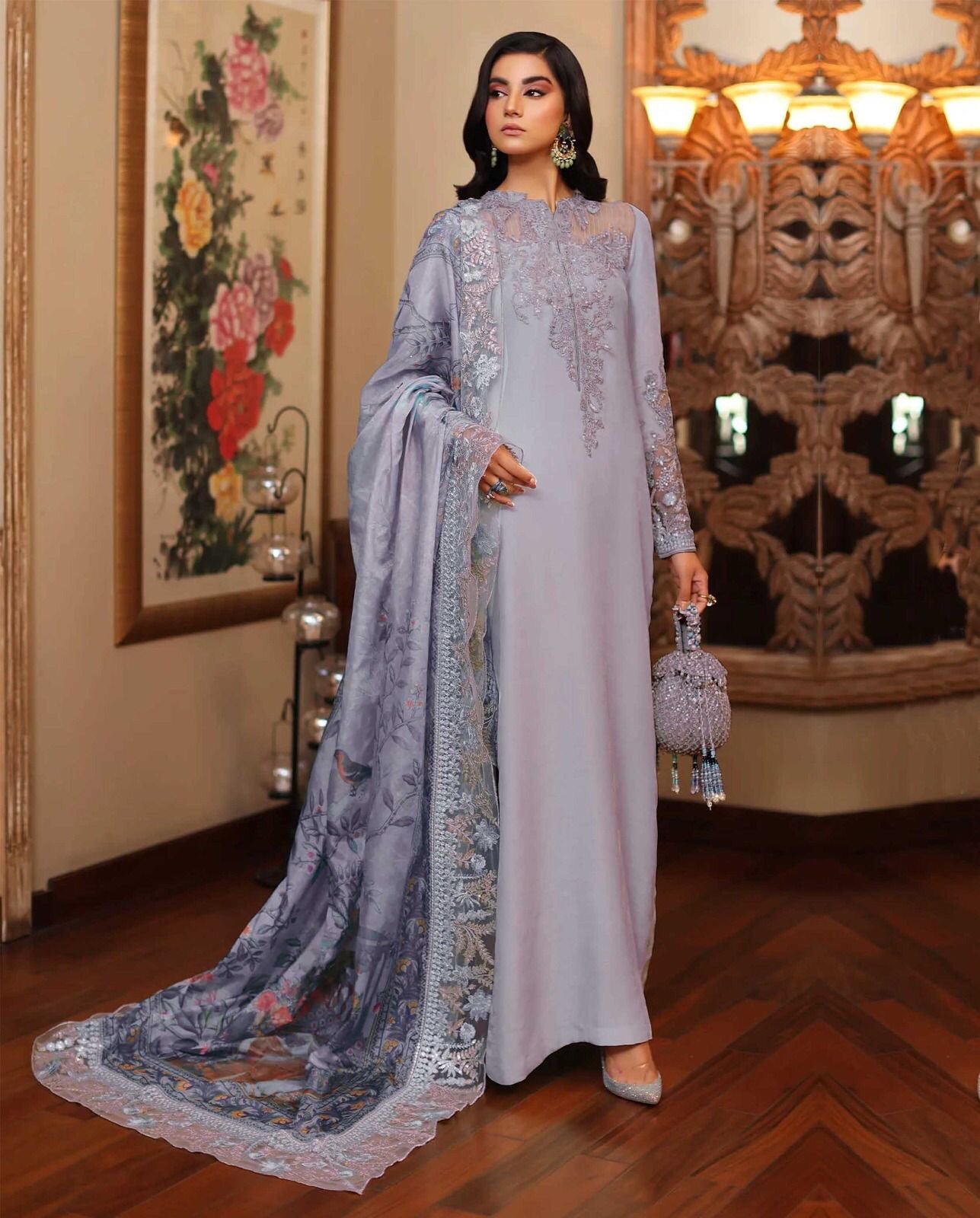 AZURE LUXURY EMBROIDERED CHARMUSE SILK - 3 PC UNSTITCHED