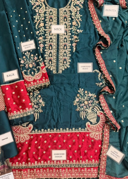 ETHNC EMBROIDERED KAFTAN SILK DRESS - 3 PC UNSTITCHED