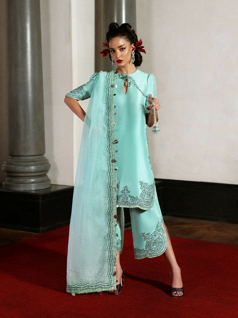 HUSSAIN REHAR EMBROIDERED RAW SILK ADDA WORK - 3 PC UNSTITCHED