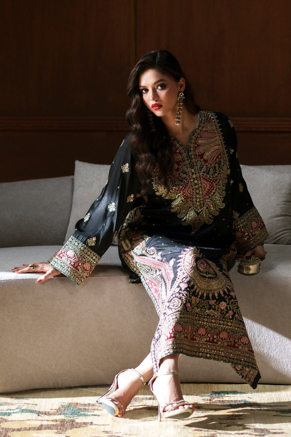ETHNC LUXURY EMBROIDERED SILK KAFTAN - 3 PC UNSTITCHED