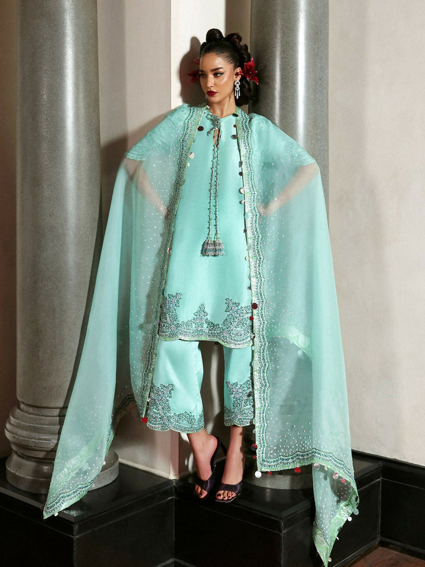 HUSSAIN REHAR EMBROIDERED RAW SILK ADDA WORK - 3 PC UNSTITCHED
