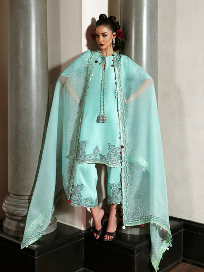 HUSSAIN REHAR EMBROIDERED RAW SILK ADDA WORK - 3 PC UNSTITCHED