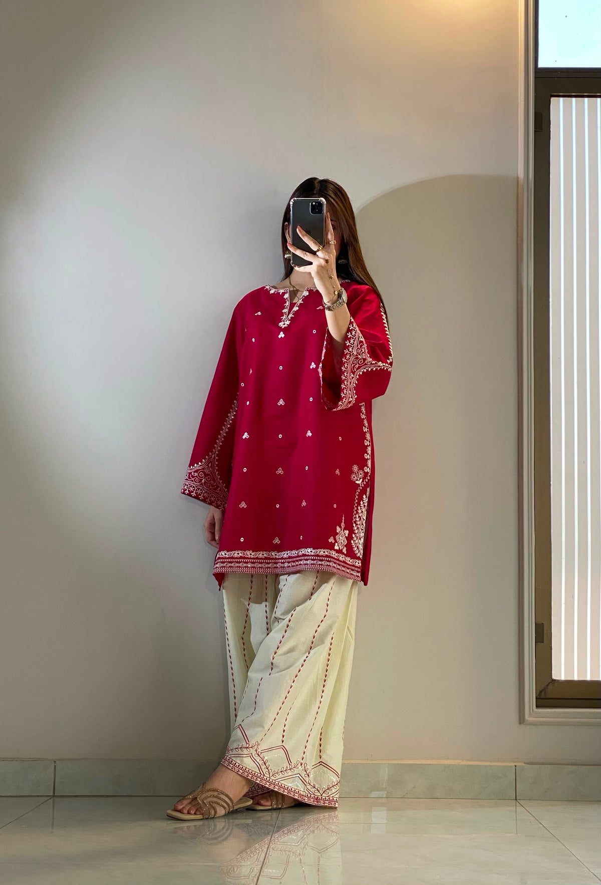 EMBROIDERED COTTON DRESS - 2 PC STITCHED