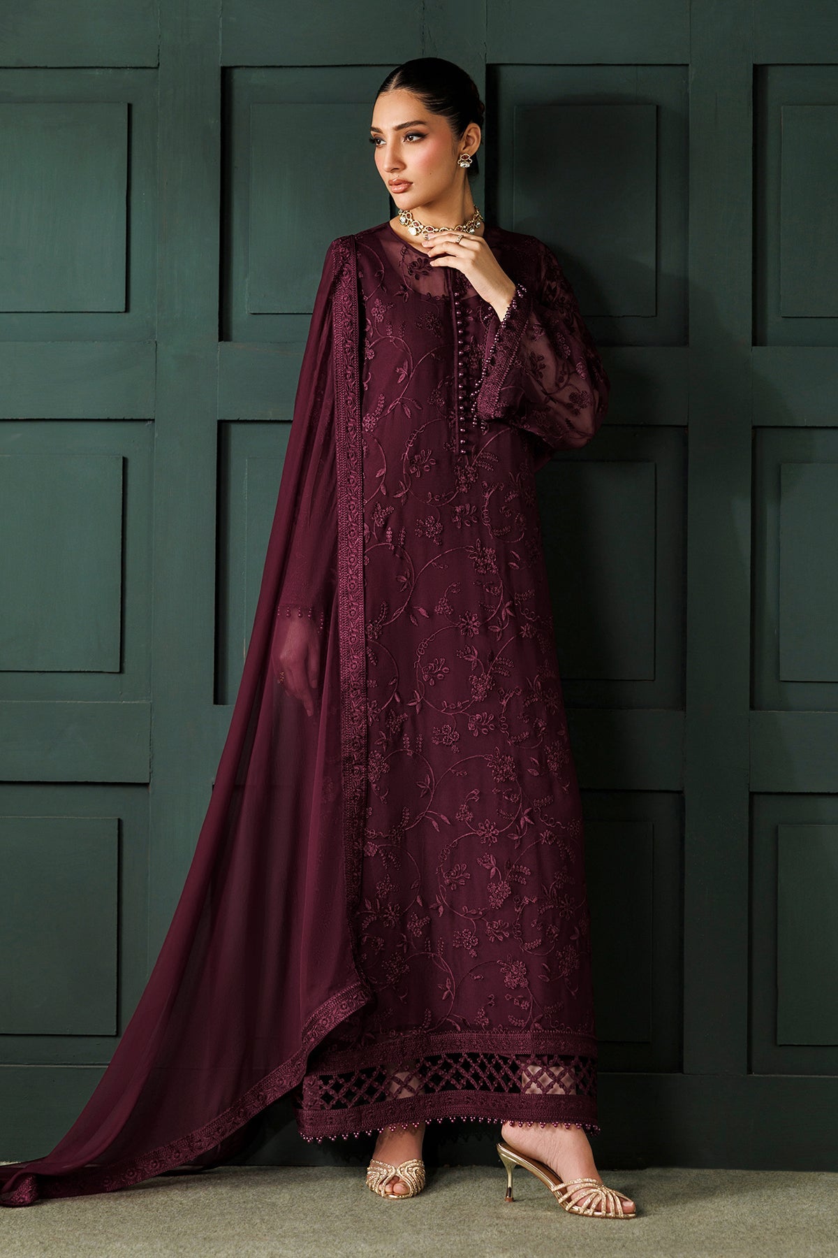 BAROQUE EMBROIDERED CHIFFON DRESS - 3 PC UNSTITCHED