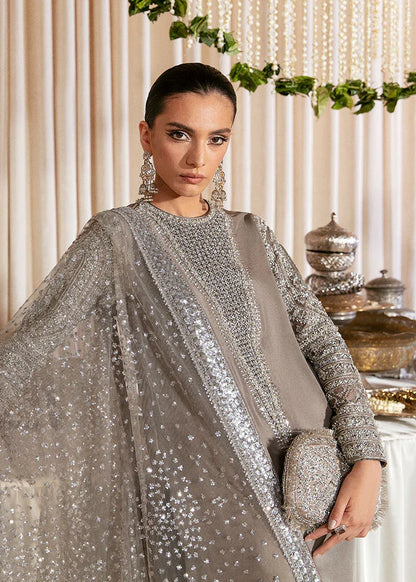 HUSSAIN REHAR RAW SILK EMBROIDERED ADDA WORK DRESS - 3 PC UNSTITCHED