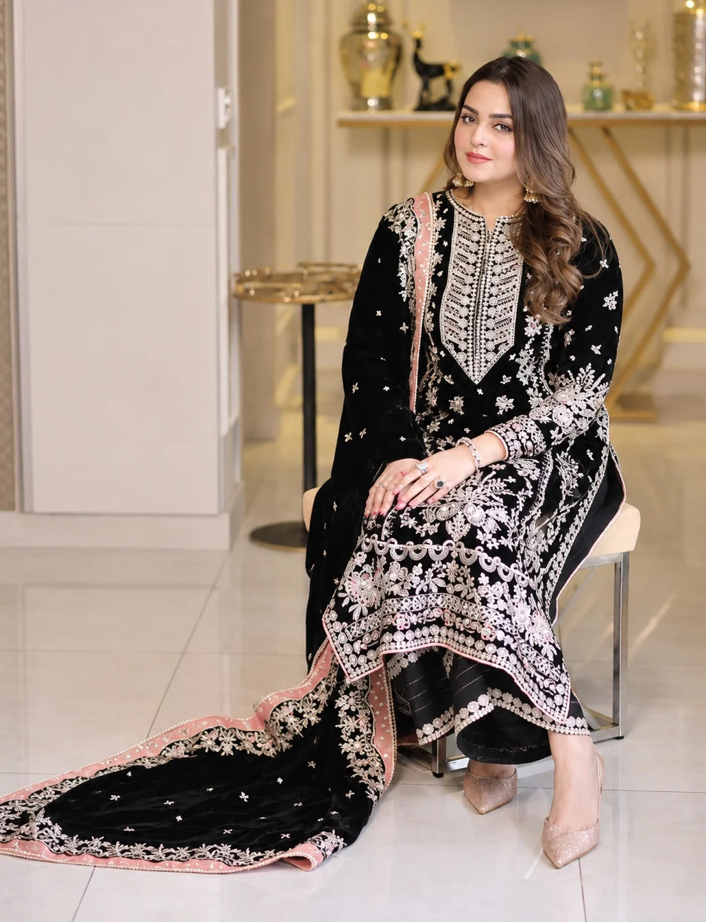 ANEELA’S BLACK VELVET EMBROIDERED DRESS - 3 PC UNSTITCHED