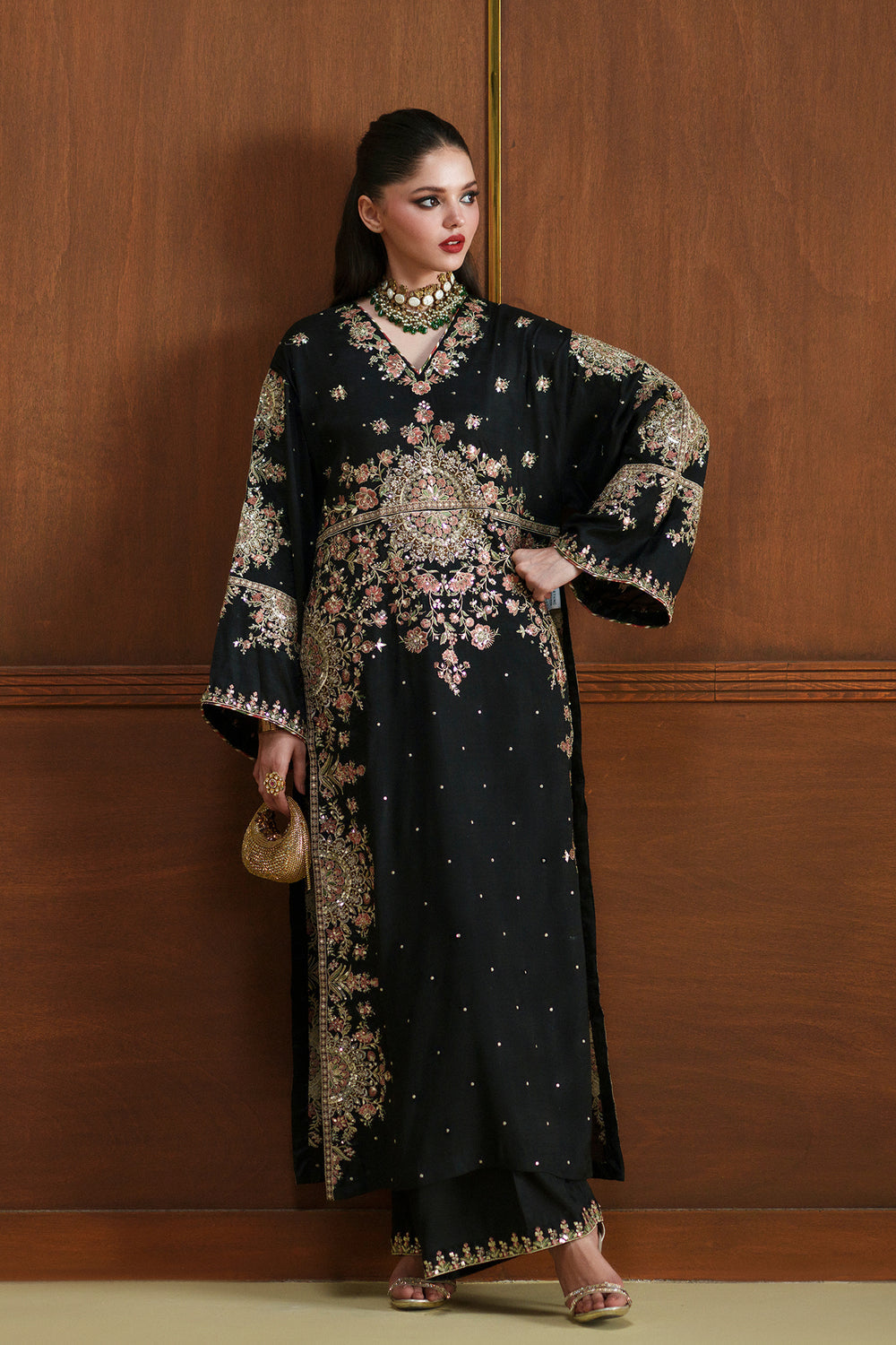 ETHNC BLACK SILK KAFTAN - 3 PC UNSTITCHED