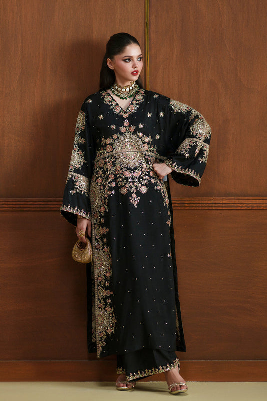 ETHNC BLACK SILK KAFTAN - 3 PC UNSTITCHED