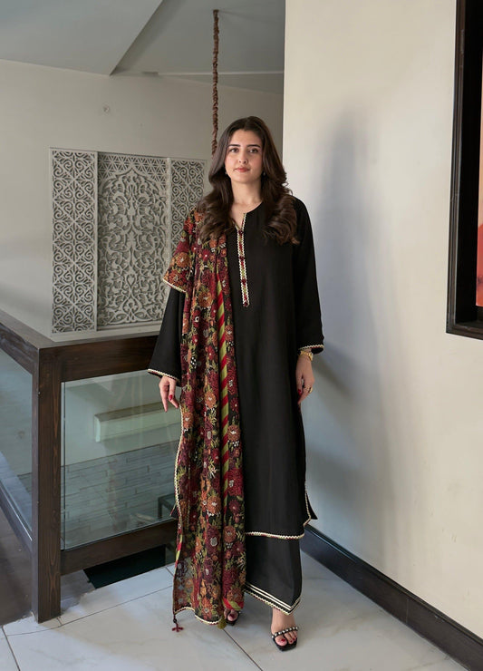 CHIFFON DRESS EMBROIDERED SHAWL - 3 PC STITCHED