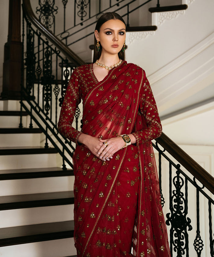 SAPPHIRE LUXURY EMBROIDERED NET SAREE - 3 PC UNSTITCHED