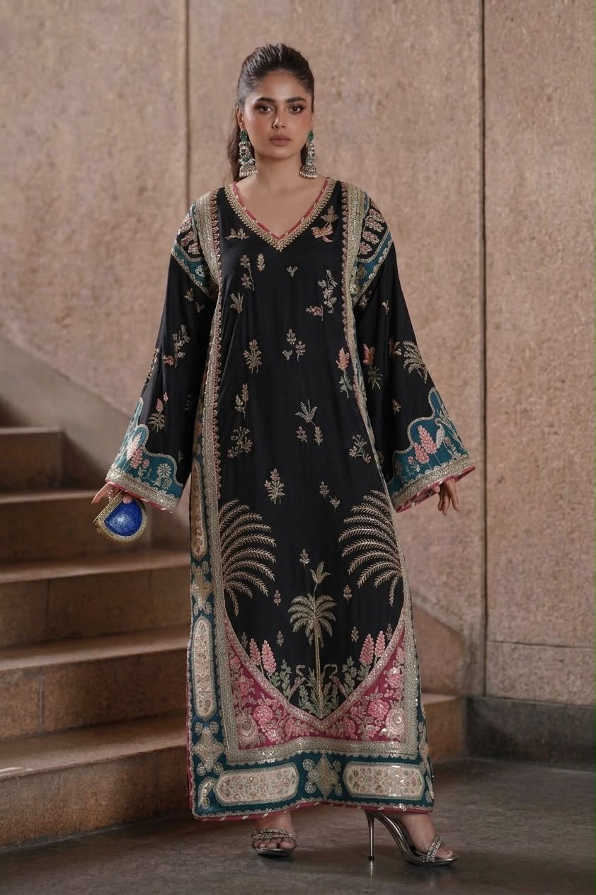 ETHNC EMBROIDERED SILK KAFTAN - 3 PC UNSTITCHED