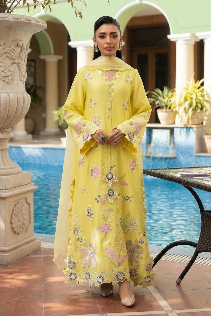 ETHNC EMBROIDERED KAFTAN SILK - 3 PC UNSTITCHED