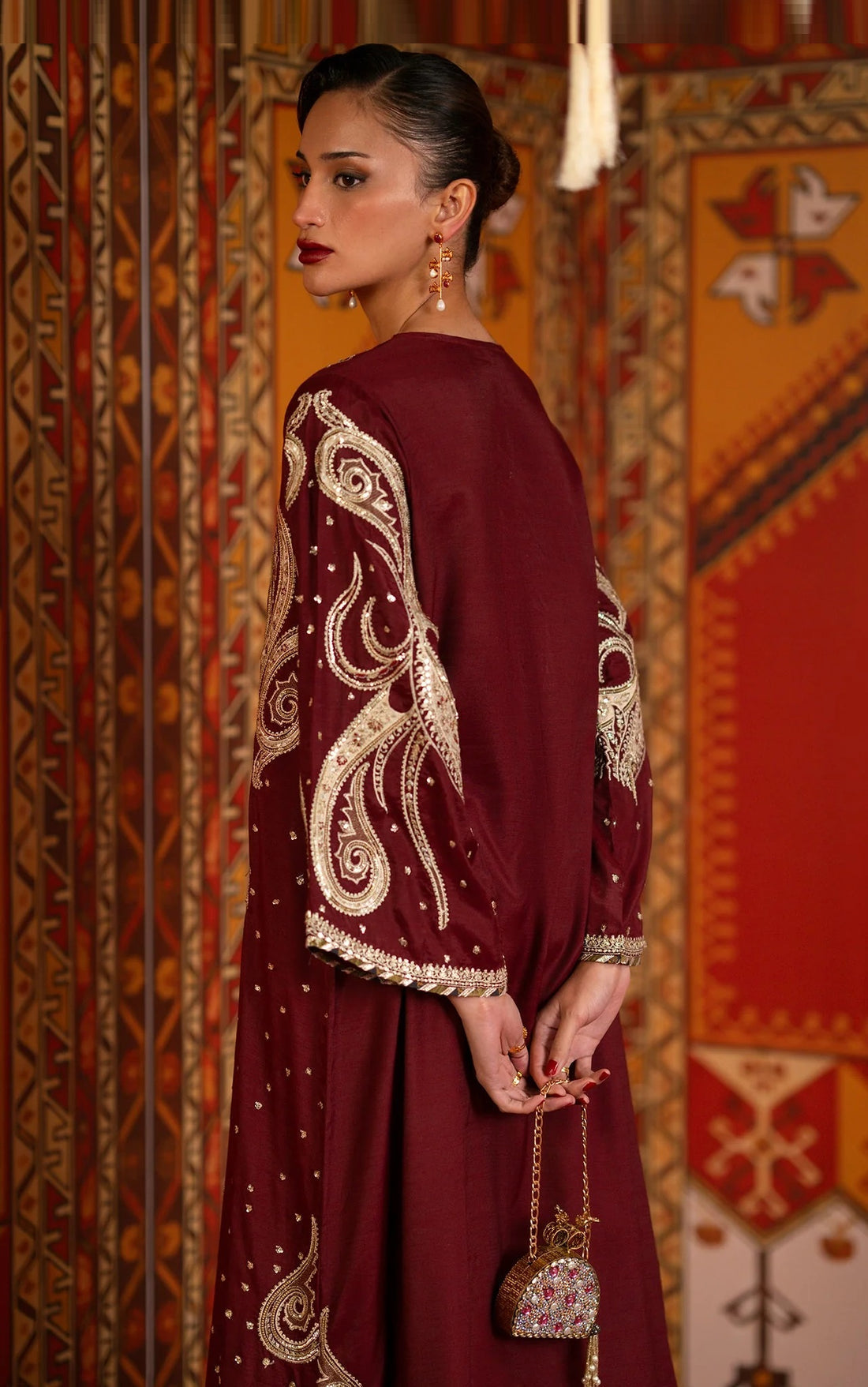 ETHNC LUXURY EMBROIDERED SILK KAFTAN - 3 PC UNSTITCHED