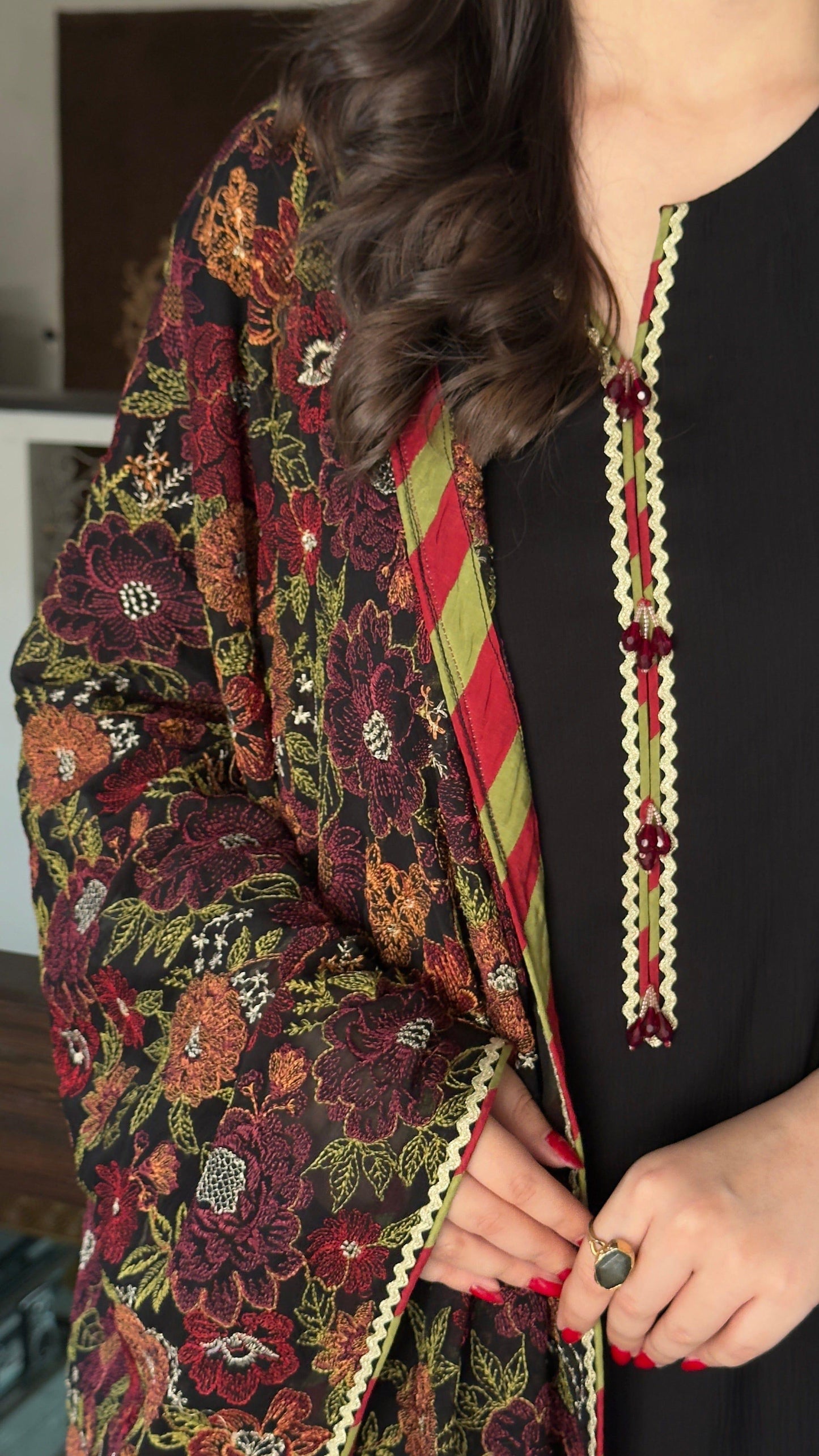 CHIFFON DRESS EMBROIDERED SHAWL - 3 PC STITCHED