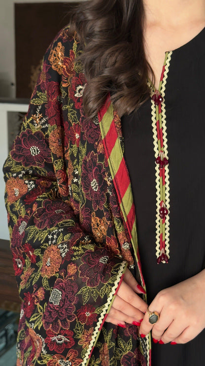 CHIFFON DRESS EMBROIDERED SHAWL - 3 PC STITCHED