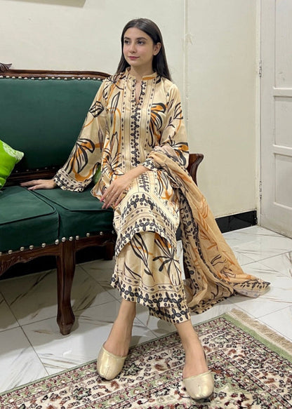 HOORAINS PRET PRINTED SLUB LAWN  KURTA SET - 3 PC STITCHED