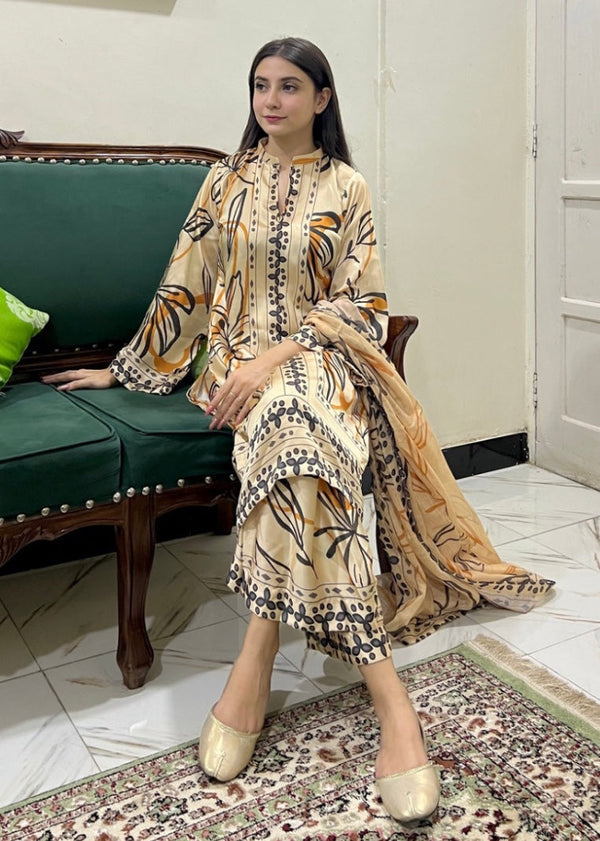 HOORAINS PRET PRINTED SLUB LAWN  KURTA SET - 3 PC STITCHED