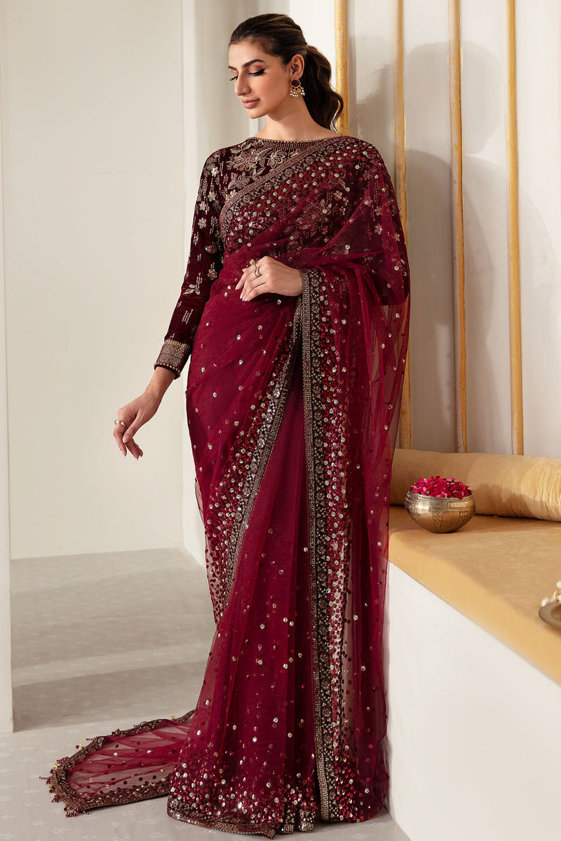 JAZMIN LUXURY EMBROIDERED VELVET NET SAREE - 3 PC UNSTITCHED