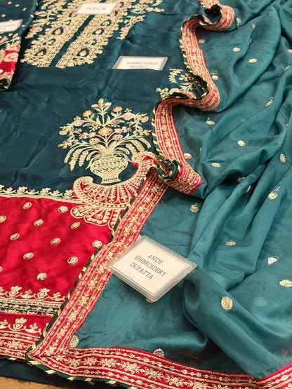 ETHNC EMBROIDERED KAFTAN SILK DRESS - 3 PC UNSTITCHED
