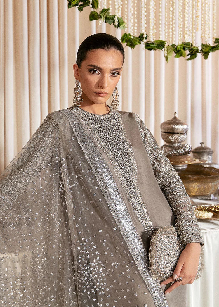 HUSSAIN REHAR RAW SILK EMBROIDERED ADDA WORK DRESS - 3 PC UNSTITCHED