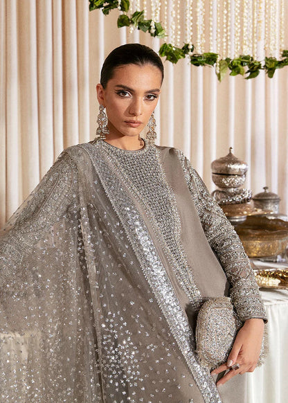 HUSSAIN REHAR RAW SILK EMBROIDERED ADDA WORK DRESS - 3 PC UNSTITCHED