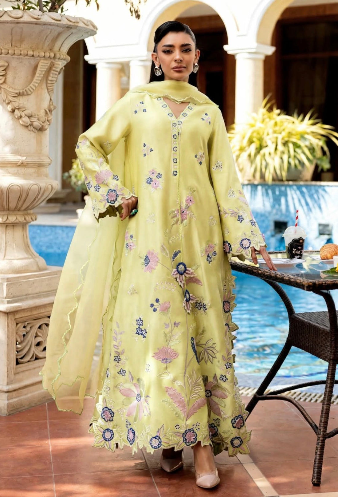 ETHNC EMBROIDERED KAFTAN SILK - 3 PC UNSTITCHED