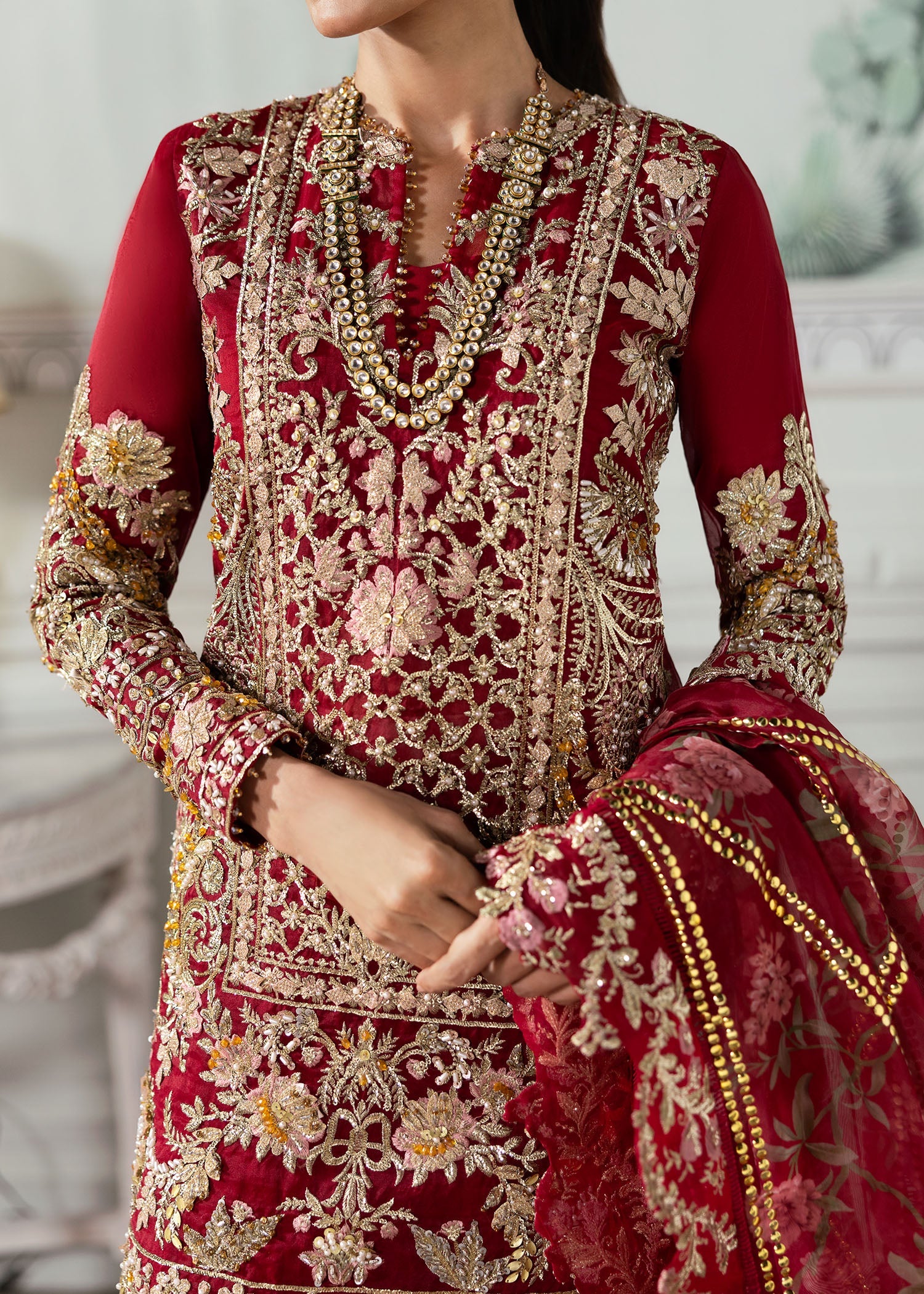 CRIMSON LUXURY EMBROIDERED HANDMADE ORGANZA - 3 PC UNSTITCHED