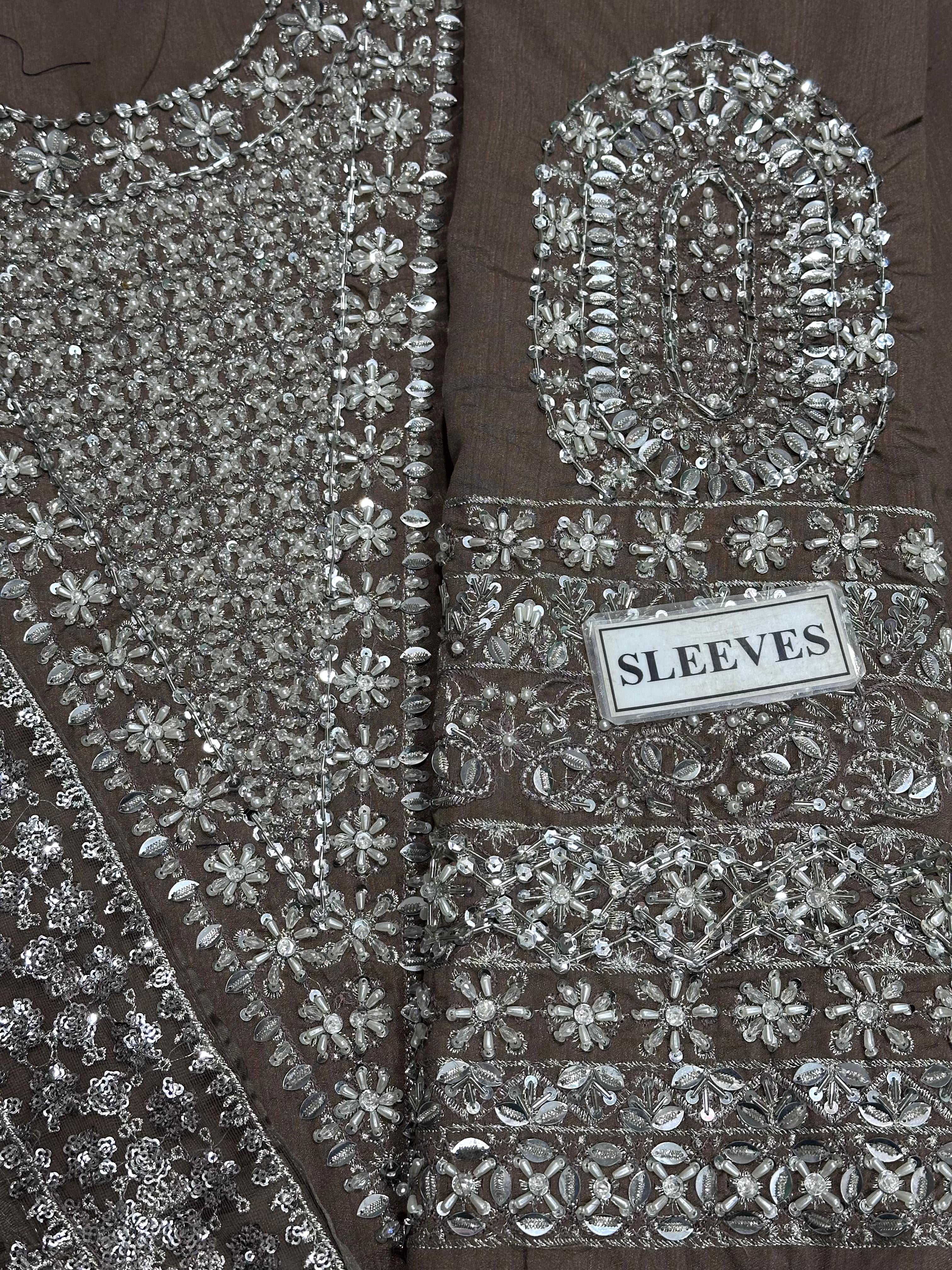 HUSSAIN REHAR LUXURY EMBROIDERED ADDA WORK RAW SILK - 3 PC UNSTITCHED