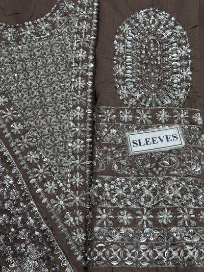 HUSSAIN REHAR LUXURY EMBROIDERED ADDA WORK RAW SILK - 3 PC UNSTITCHED