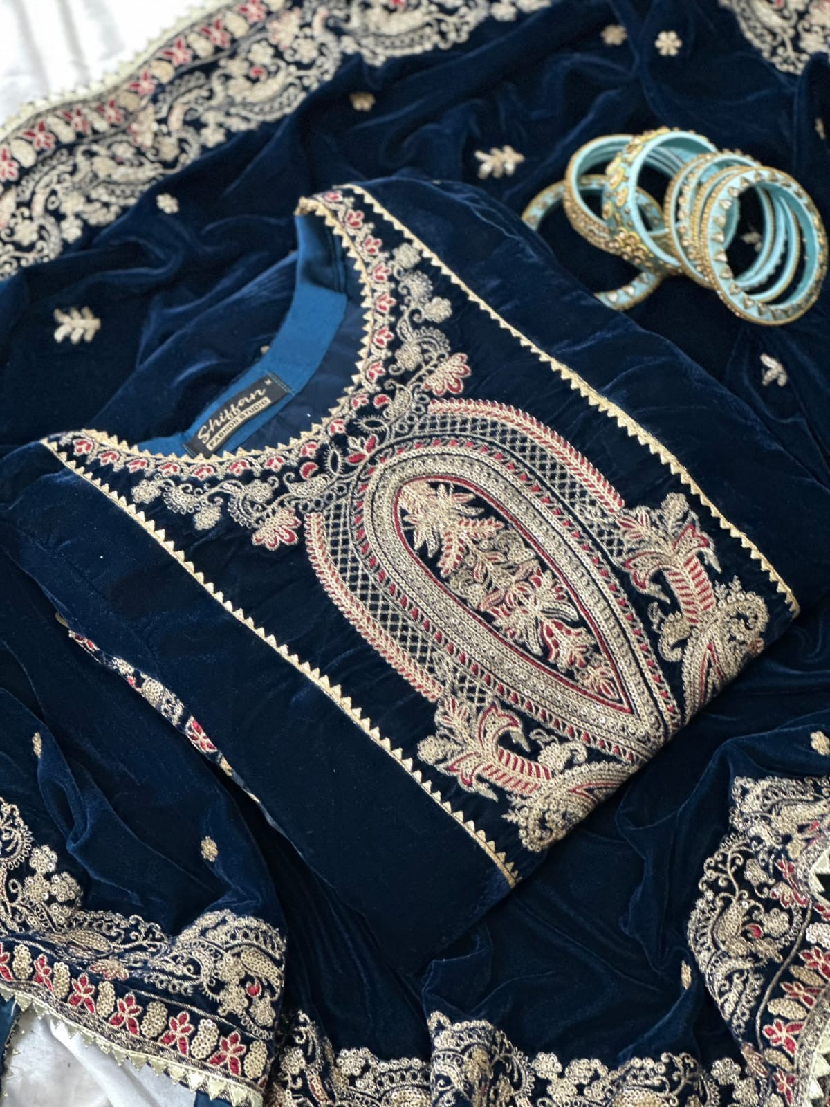 EMBROIDERED VELVET DRESS - 3 PC STITCHED