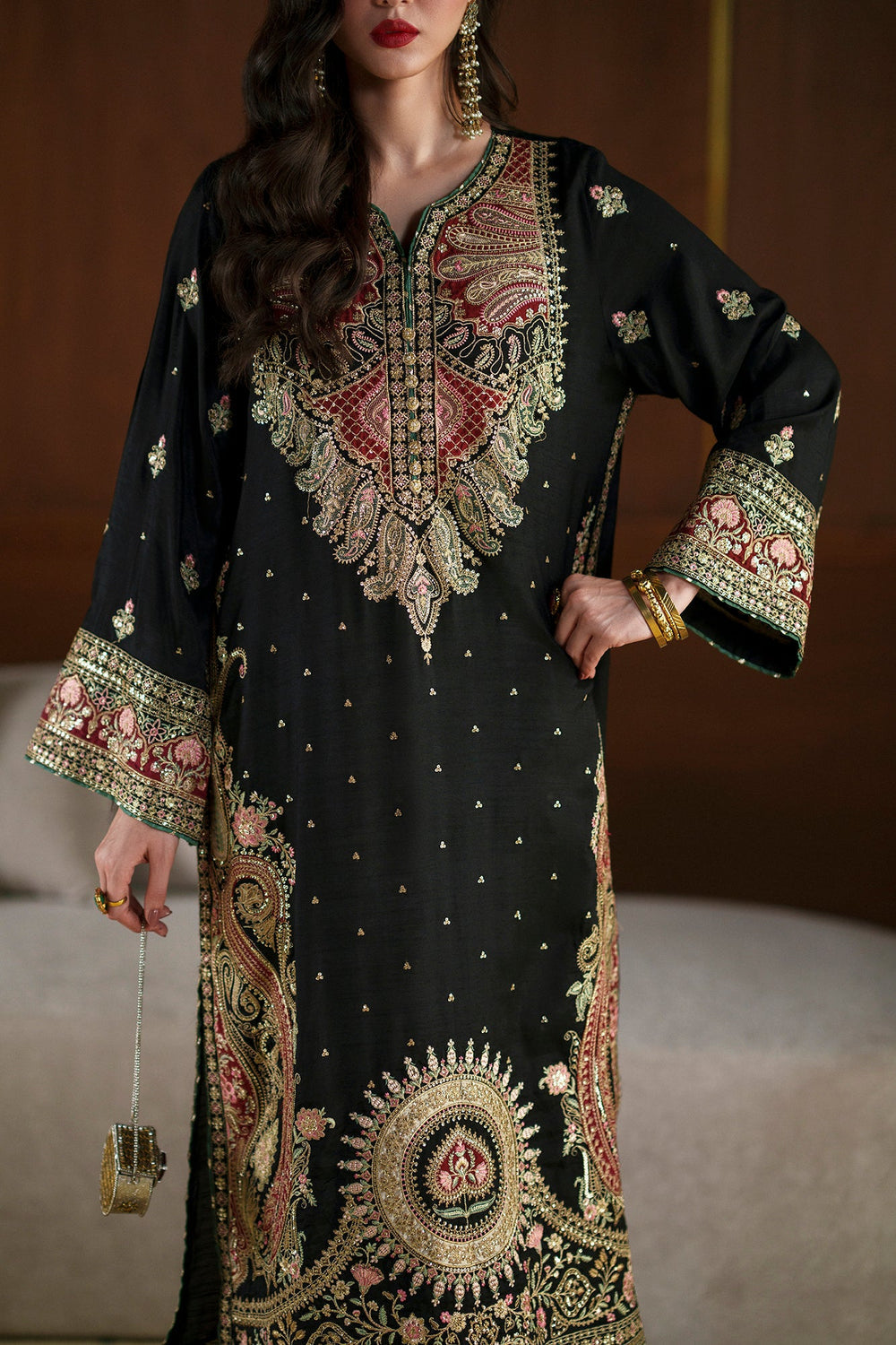 ETHNC LUXURY EMBROIDERED SILK KAFTAN - 3 PC UNSTITCHED
