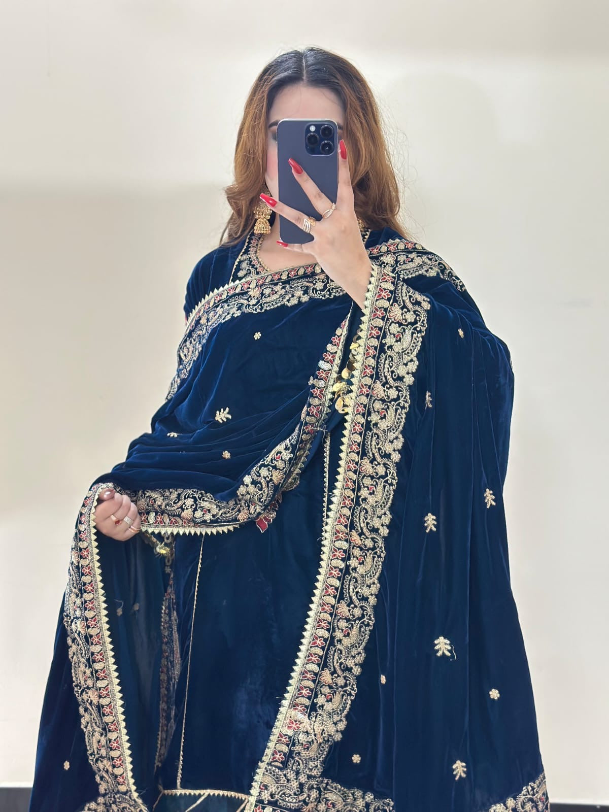 EMBROIDERED VELVET DRESS - 3 PC STITCHED
