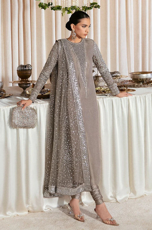 HUSSAIN REHAR RAW SILK EMBROIDERED ADDA WORK DRESS - 3 PC UNSTITCHED