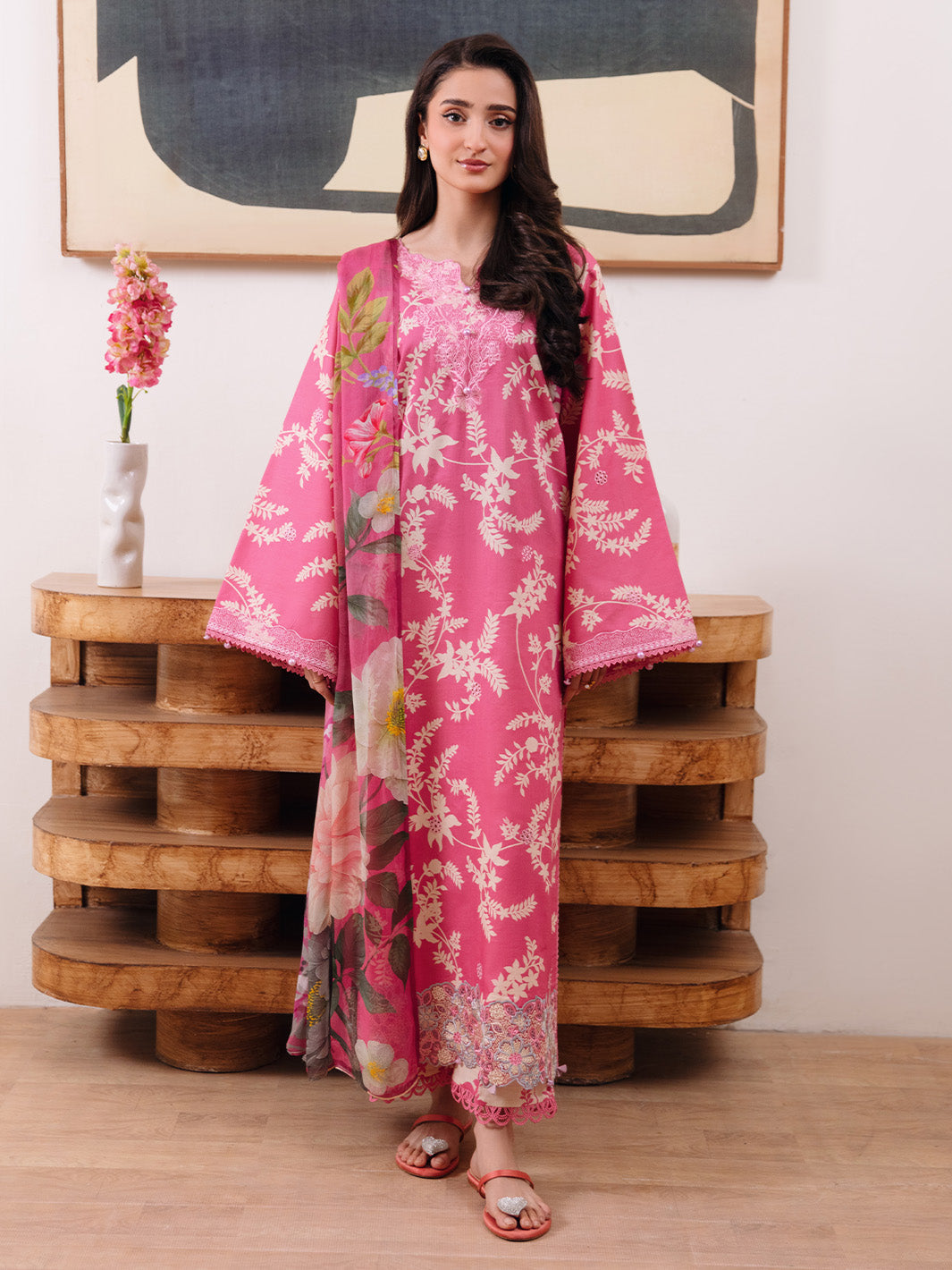YARDS PRINTED EMBROIDERED LINEN DRESS - 3 PC UNSTITCHED