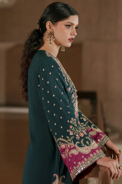 ETHNC EMBROIDERED KAFTAN SILK DRESS - 3 PC UNSTITCHED