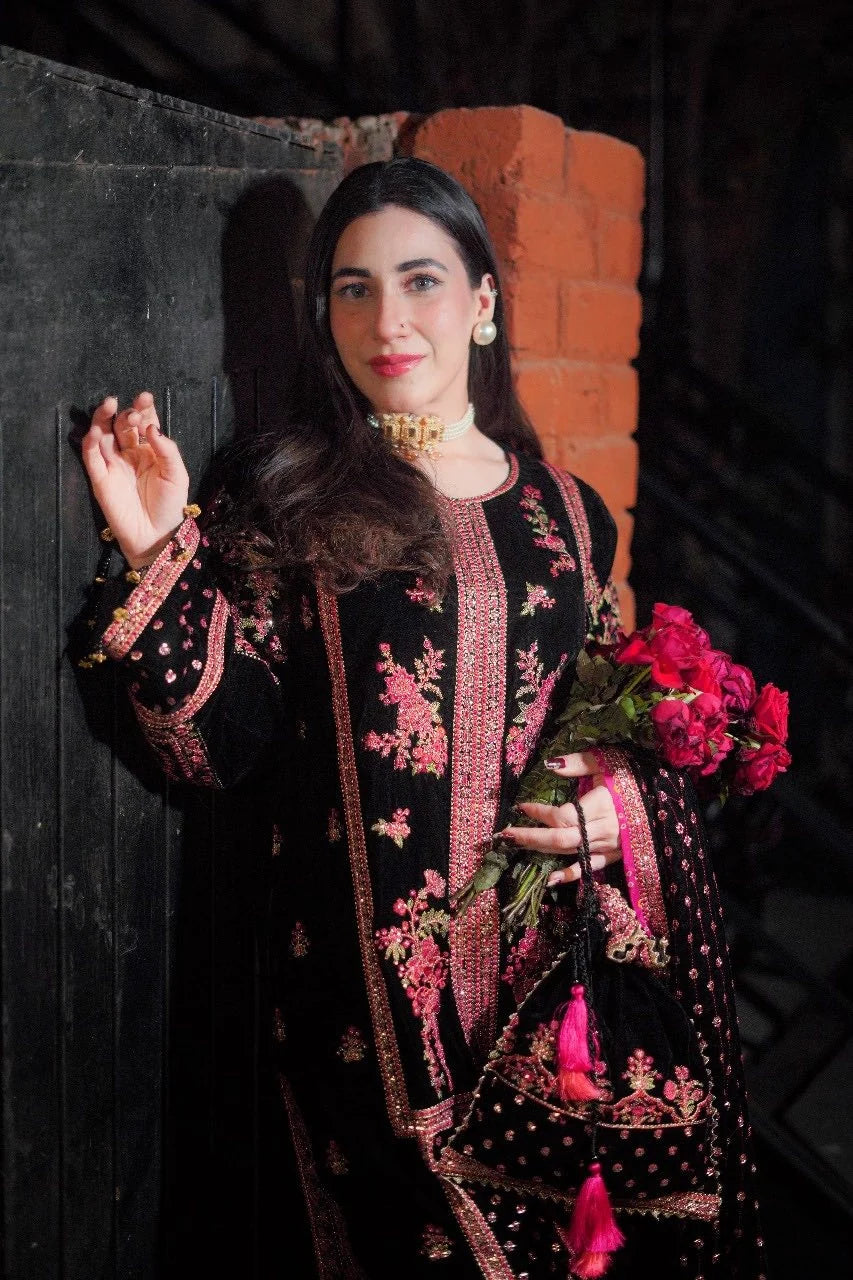 ANEELA’S EMBROIDERED VELVET DRESS - 3 PC UNSTITCHED