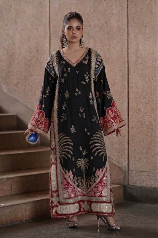 ETHNC EMBROIDERED SILK KAFTAN - 3 PC UNSTITCHED