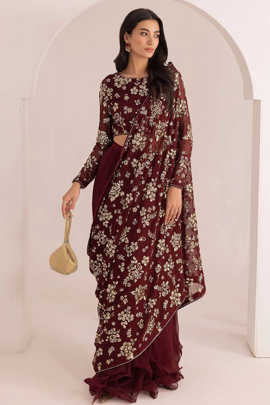 JAZMIN LUXURY MEHROON SAREE EMBROIDERED - 3 PC UNSTITCHED