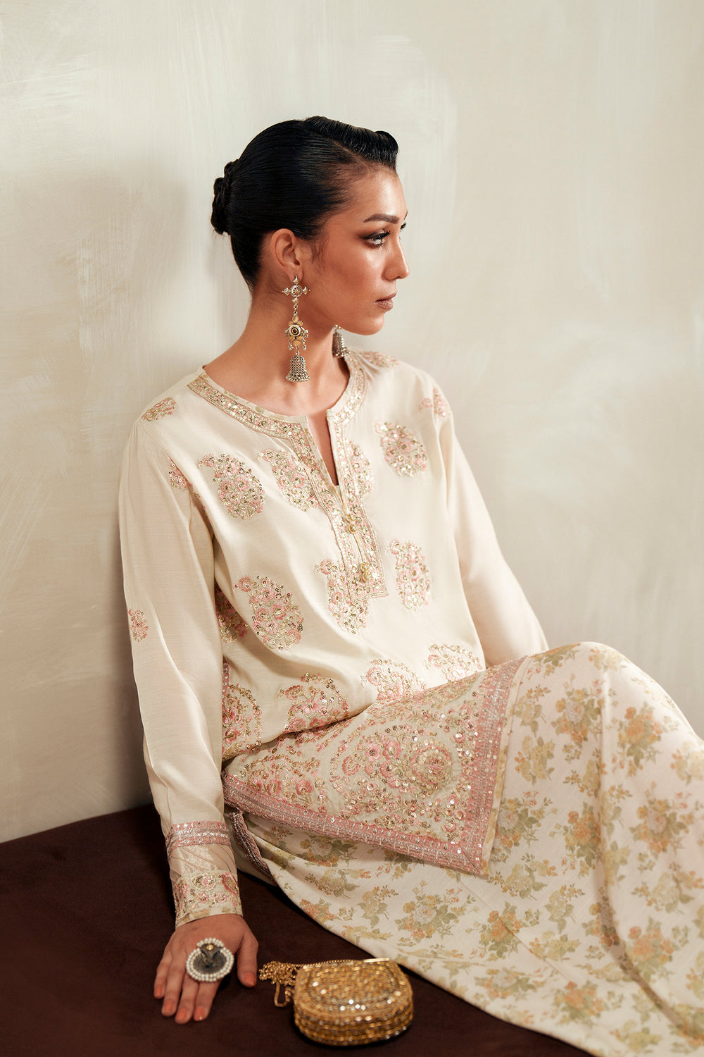 ETHNC EMBROIDERED RAW SILK DRESS - 3 PC UNSTITCHED