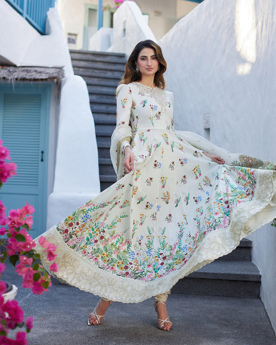 FAIZA SAQLAIN DIGITAL PRINTED LAWN EMBROIDERED FROK - 3 PC UNSTITCHED