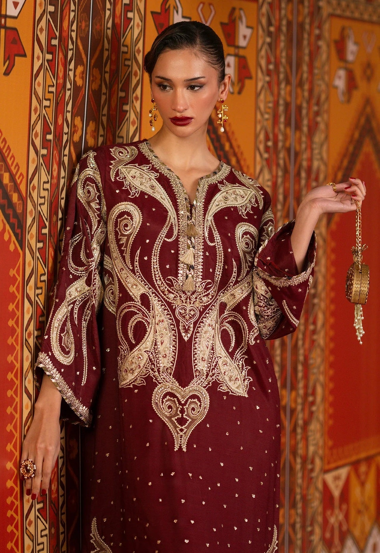 ETHNC LUXURY EMBROIDERED SILK KAFTAN - 3 PC UNSTITCHED