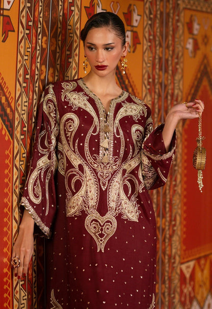 ETHNC LUXURY EMBROIDERED SILK KAFTAN - 3 PC UNSTITCHED