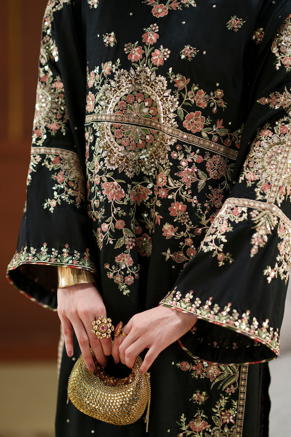 ETHNC BLACK SILK KAFTAN - 3 PC UNSTITCHED