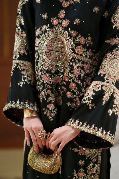 ETHNC BLACK SILK KAFTAN - 3 PC UNSTITCHED