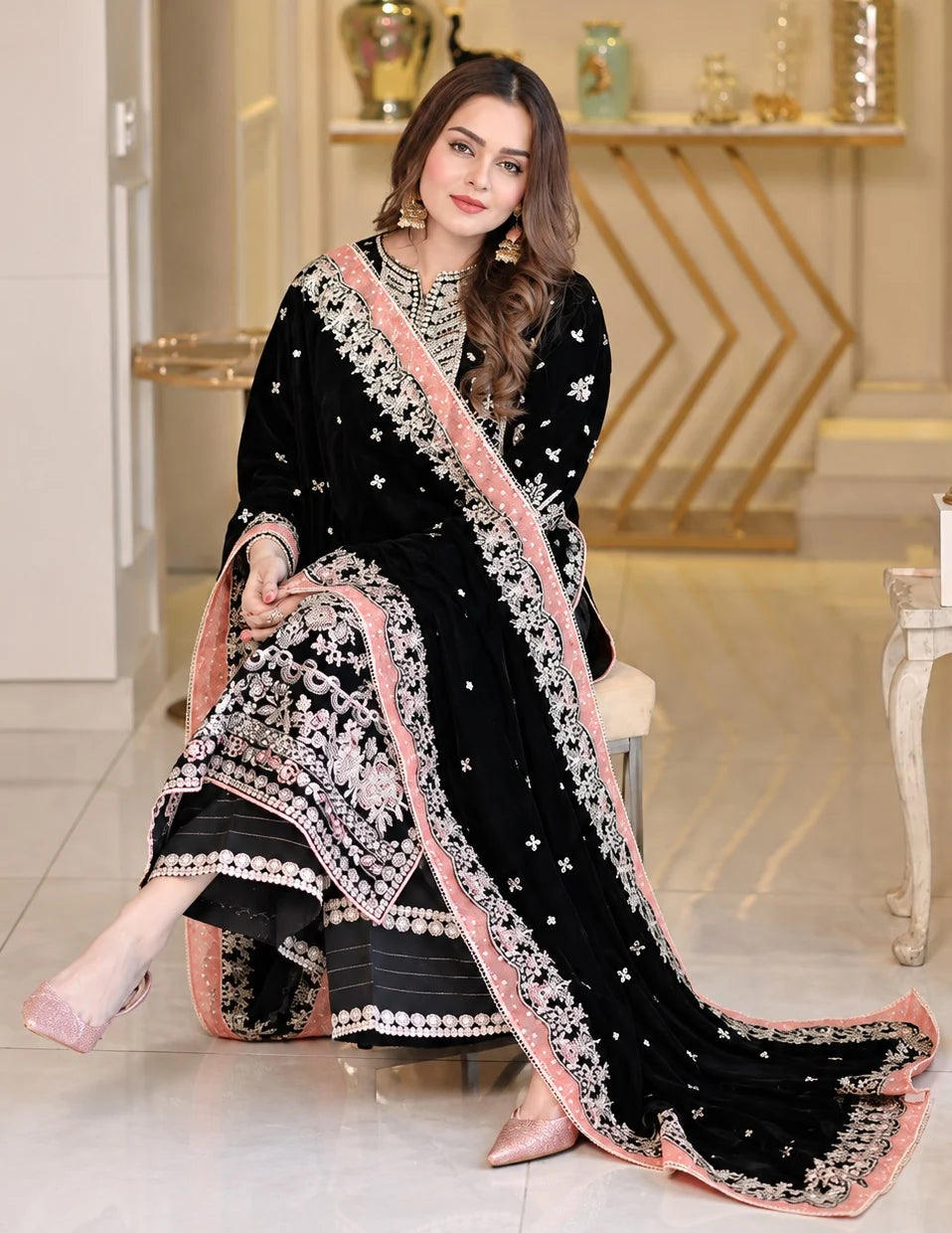 ANEELA’S BLACK VELVET EMBROIDERED DRESS - 3 PC UNSTITCHED
