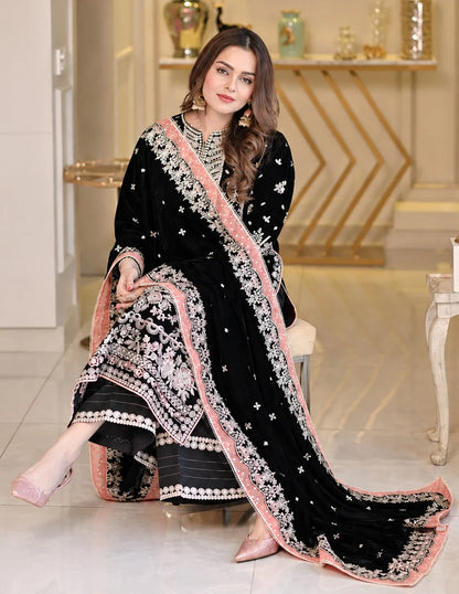 ANEELA’S BLACK VELVET EMBROIDERED DRESS - 3 PC UNSTITCHED
