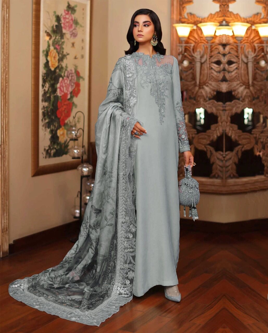 AZURE LUXURY EMBROIDERED CHARMUSE SILK - 3 PC UNSTITCHED