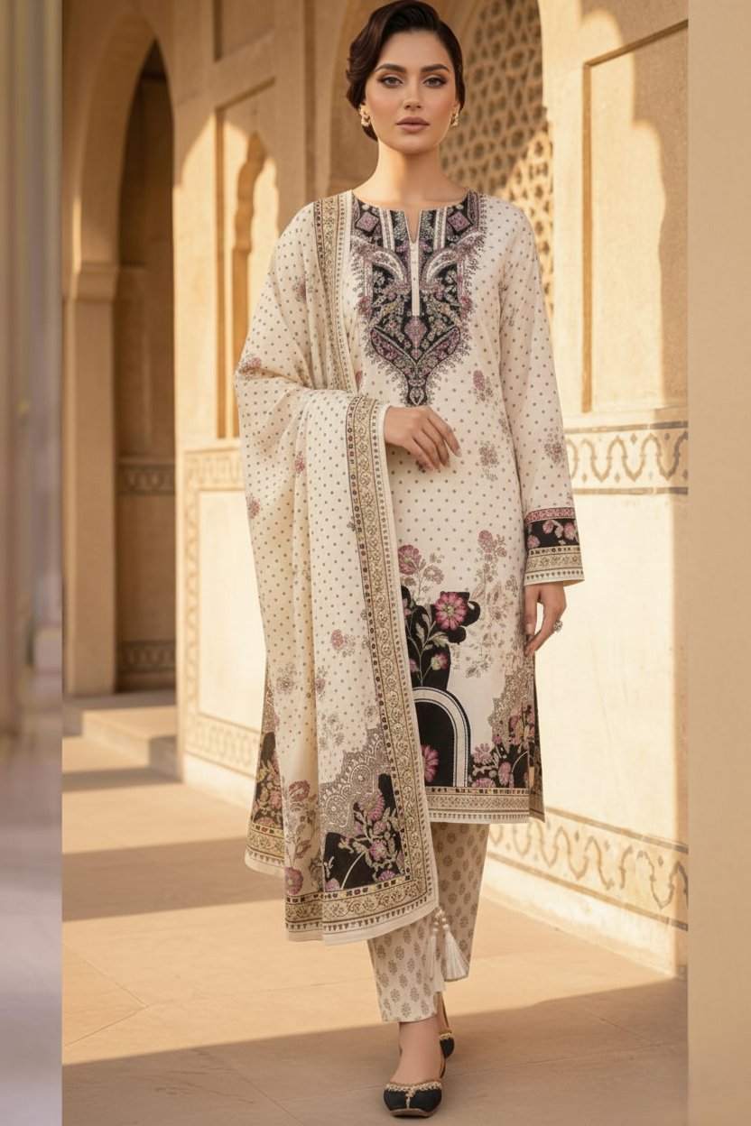 DIGITAL PRINTED SILK DRESS ADDA WORK - 3 PC UNSTITCHED