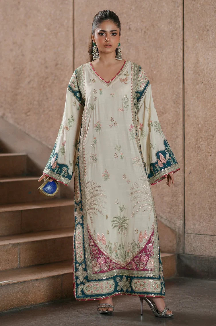 ETHNC EMBROIDERED SILK KAFTAN - 3 PC UNSTITCHED