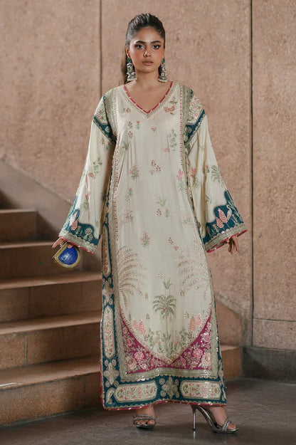 ETHNC EMBROIDERED SILK KAFTAN - 3 PC UNSTITCHED